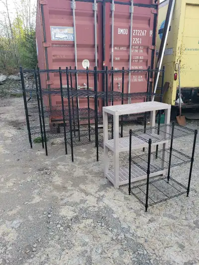 Tall metal shelving units measure 36 x 14 x 55 inches tall. $30 each. Short metal shelving unit meas...