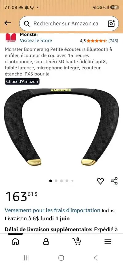 Monster Boomerang Petite écouteurs Bluetooth à enfiler, écouteur de cou avec 15 heures d'autonomie,...