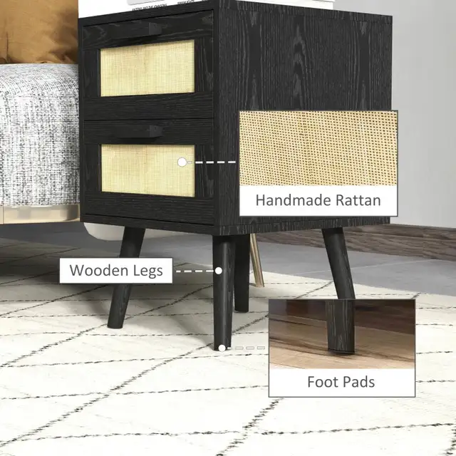 Black Boho Nightstand, Bedside Table with 2 Drawers  in Dressers & Wardrobes in Markham / York Region - Image 5