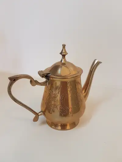Brass lidded tea pot 4.5"  engraved, View more