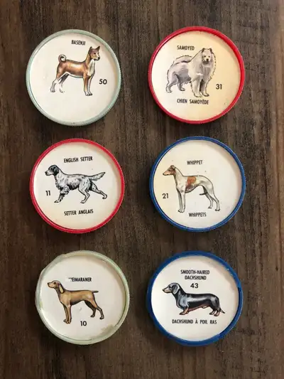 Jetons chiens Humpty-Dumpty dog coins des années 1960 10 Weimaraner 11 English Setter 21 Whippet 29...