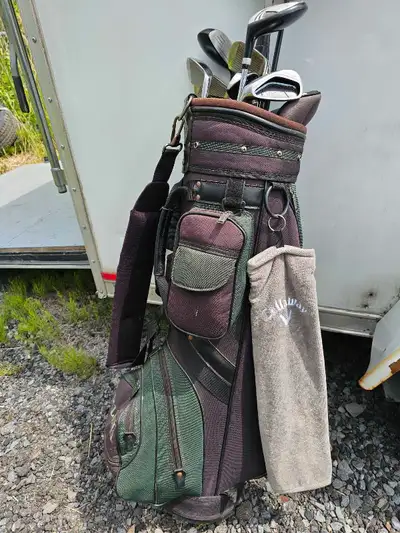 Un sac de golf gaucher pour homme avec les bâtons Numéro 3, 4, 5, 6, 7, 8, 9, une Bertha, ( driver )...