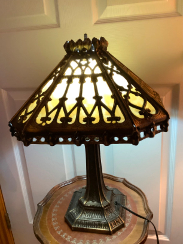 Vintage L&L WMC 8 Panel Slag Glass Lamp on a Spelter Metal Base in Indoor Lighting & Fans in Belleville