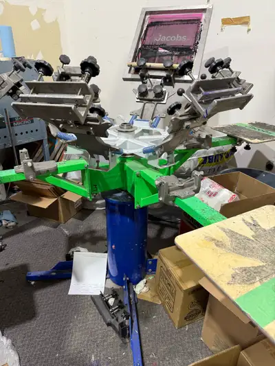 Complete screen printing setup for sale. Riley Hopkins - 6 colour/4 head screen printing press. Odys...