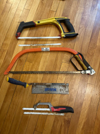 2 Hacksaws, 1 frame bow saw, 1 dovetail saw