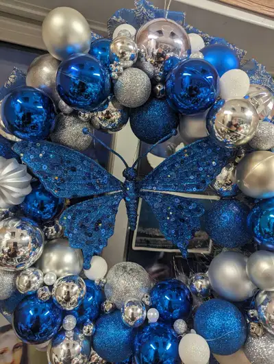NEW BLUE BUTTERFLY CHRISTMAS WREATH , View more