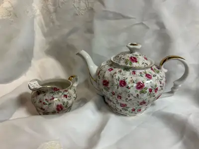 Vintage floral teapot & creamer set – $25 , View more