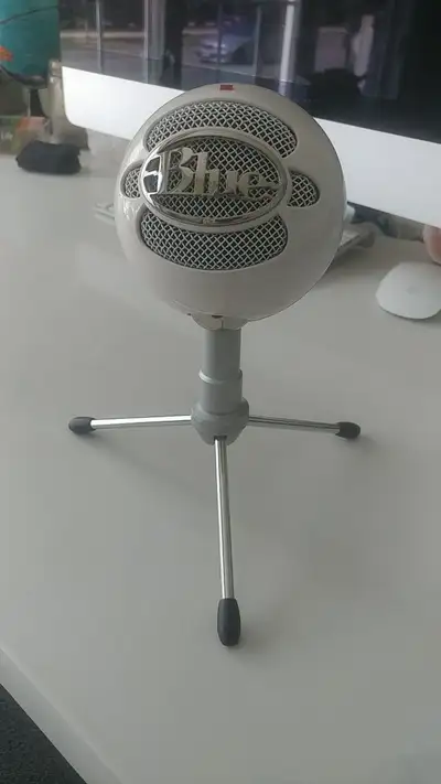 Blue microphone for your computer. Gives a clear sound of your voice.