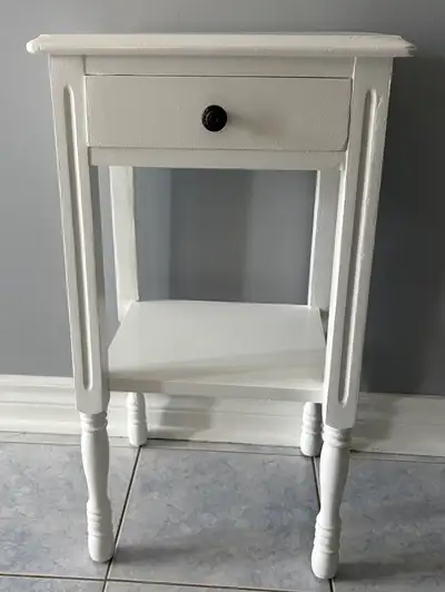 Newly Refinished White Side Table With Drawer. Solid Wood, View more