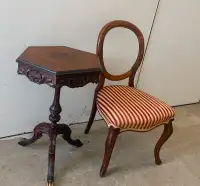 Elegant set of antique parlor side table + chair