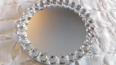 FOOTED MIRROR VANITY PERFUME TRAY WITH CRYSTALS - NEW  10 INCHES, View more