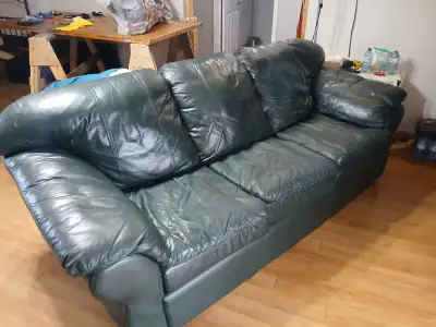 Free, green leather couch. Very little wear. Small seam tear in the back of the couch. Placed agains...
