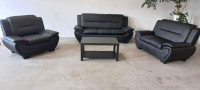 BRAND NEW BLACK LEATHER LIVING ROOM SET. FREE DELIVERY DISPOSAL