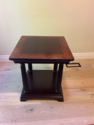 Elegant vintage accent/end table from The Bombay Company featuring a rich burl wood top with decorat...