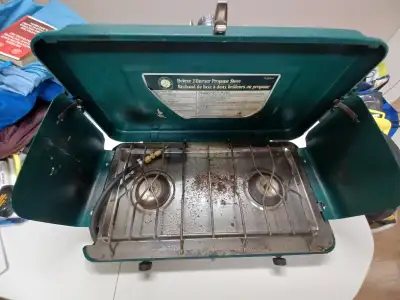 Poêle Réchaud à 2 brûleurs au propane Largeur : 21 pouces Hauteur : 3 ½ pouces Profondeur : 11 pouce...