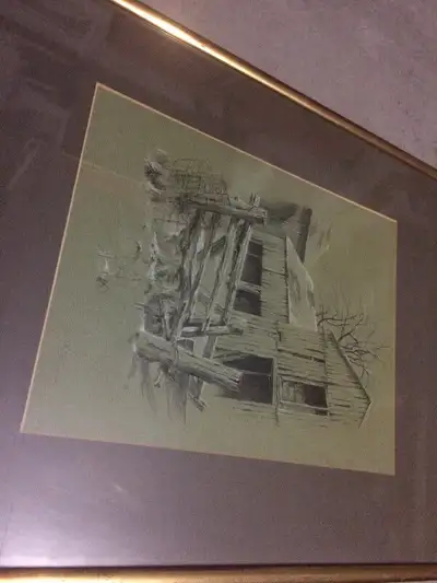 Original artist signed chalk and charcoal drawing, barn study no. 4 by Rudi Reichardt - framed and s...