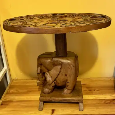 Stunning African Carved Wood Side Table with Elephant Base, View more