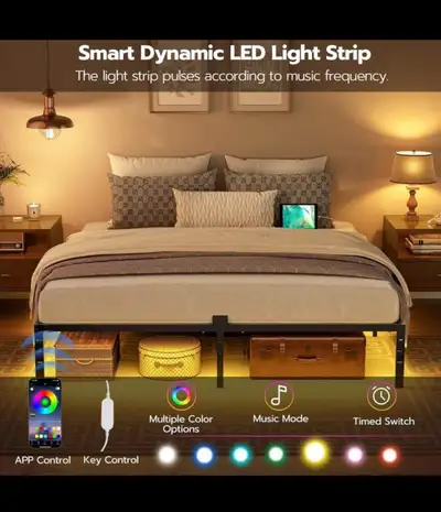 Brand new in box King Bed Frame with LED Lights, Metal Platform Bed Frame with Charging Station, 2 O...