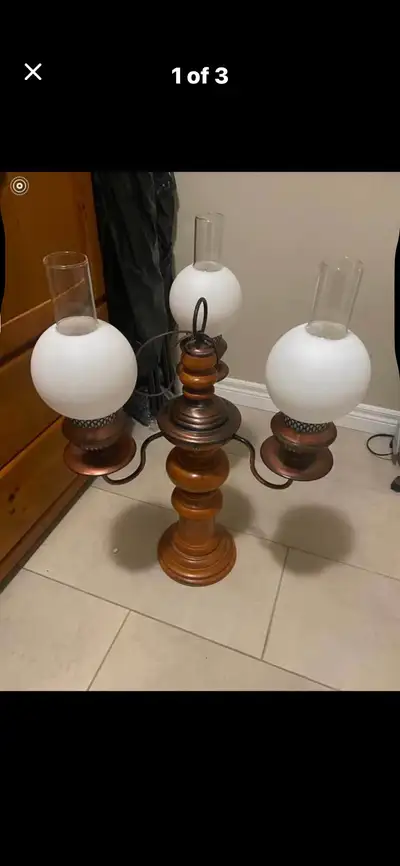 Vintage Three-Arm Wooden Candelabra Table Lamp, View more