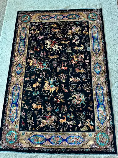 Authentic Persian Art Silk Rug Carpet 4x6 – Horses and Flowers, View more