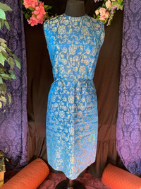 Vintage 1960s Blue and Gold Brocade Sheath Party Dress, A Dress