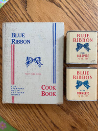 Vintage Blue Ribbon Cookbook & Spice Tins