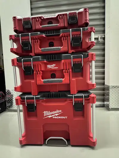 Milwaukee rolling tote with power tools, View more