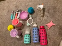 Life factory glass bottles, baby bowls and utensils, and misc bb
