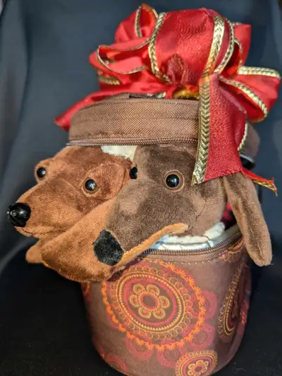Cute Hand-Crafted Festive Decorative Dachshund Duo Lunch Pail!, View more