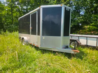 16 ft Cargo Trailer, rear barn doors, with removable centre post. Side door. Lights, electric brakes...