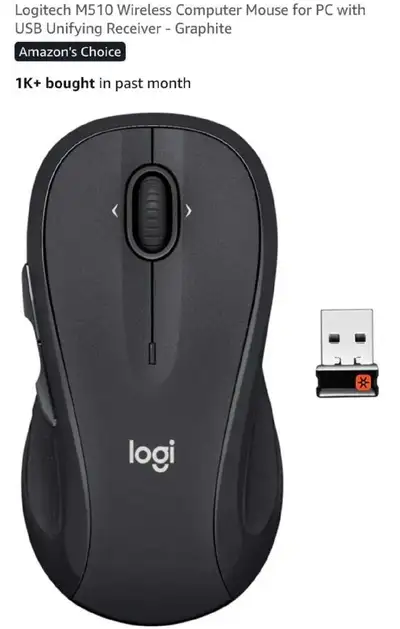 Selling a Logitech M510 wireless computer mouse in graphite colour, perfect for PC use with its USB...