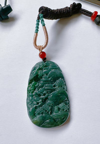 Certified jadeite Pendant, Landscape, full icy bluish green
