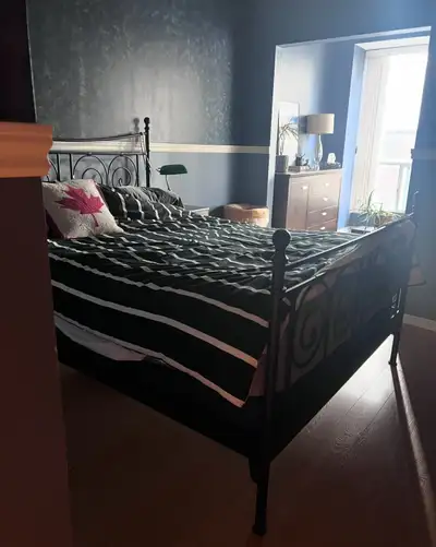 $300 Queen bed frame and mattress + boxspring, View more