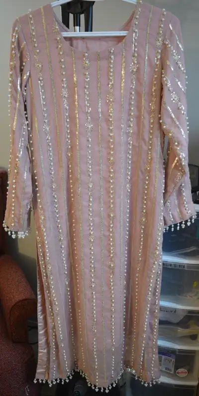 beautifiul pink chiffon formal long length shirt. front and back same full of white pearls. comes wi...