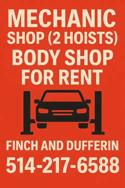 Mechanic shop(2Hoists)/Body shop(paint shop) space for rent 514-217-6588 Sam ✔️Prime location Finch...