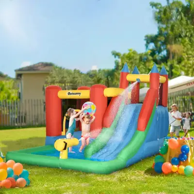Kids Inflatable 6 in 1 Bouncy Castle House Trampoline Slide Water Pool Gun Climbing Wall Basket with...