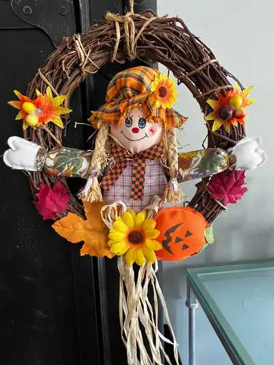 fall door wreath with scarecrow, View more
