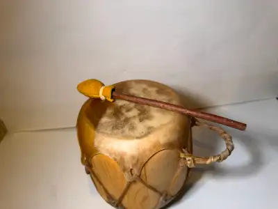 Vintage Taos Pueblo Indian Cottonwood Drum With Beater Native, View more