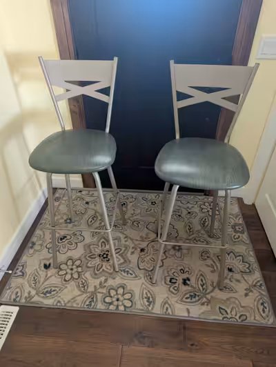 Pair of matching kitchen island stools. Seat cushion height 30", foot rest height 14", top of back r...