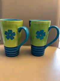 2 latte mugs blue and green floral