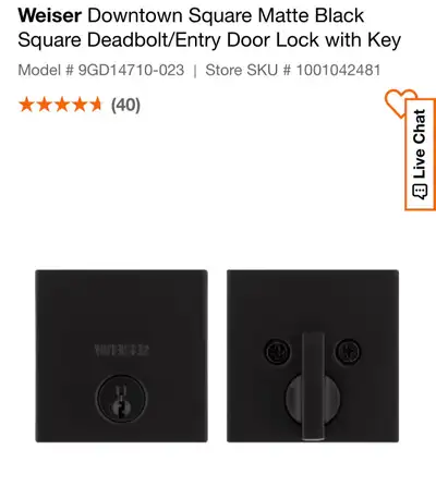 Weiser matte black square deadbolt door lock with key Low profile lock on inside of door Used for a...