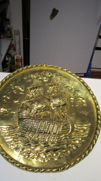 Vintage brass wall decor plate, nautical scene.