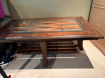 Glass top wood slat coffee table, View more