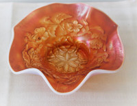 Vintage marigold carnival glass wavy edge flower bowl