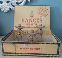 3 wooden folk art Cuban musician figurines & Habana Cigar Box