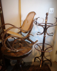 Child's Bentwood rocker and Child's Bentwood coat/clothes rack.