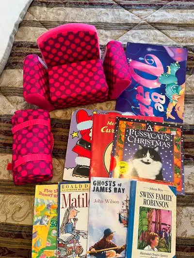 FREE ! TOYS AND BOOKS : American doll couch, sleeping bag,, View more