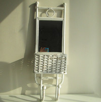 Wicker White BoHo Hanging Mirror/Basket