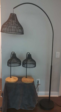 Bouclair Arched Rattan Floor Lamp and 2 Matching Table Lamps