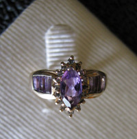 14K Yellow Gold Amethyst Cluster Ring Diamond Accents Size 5.75